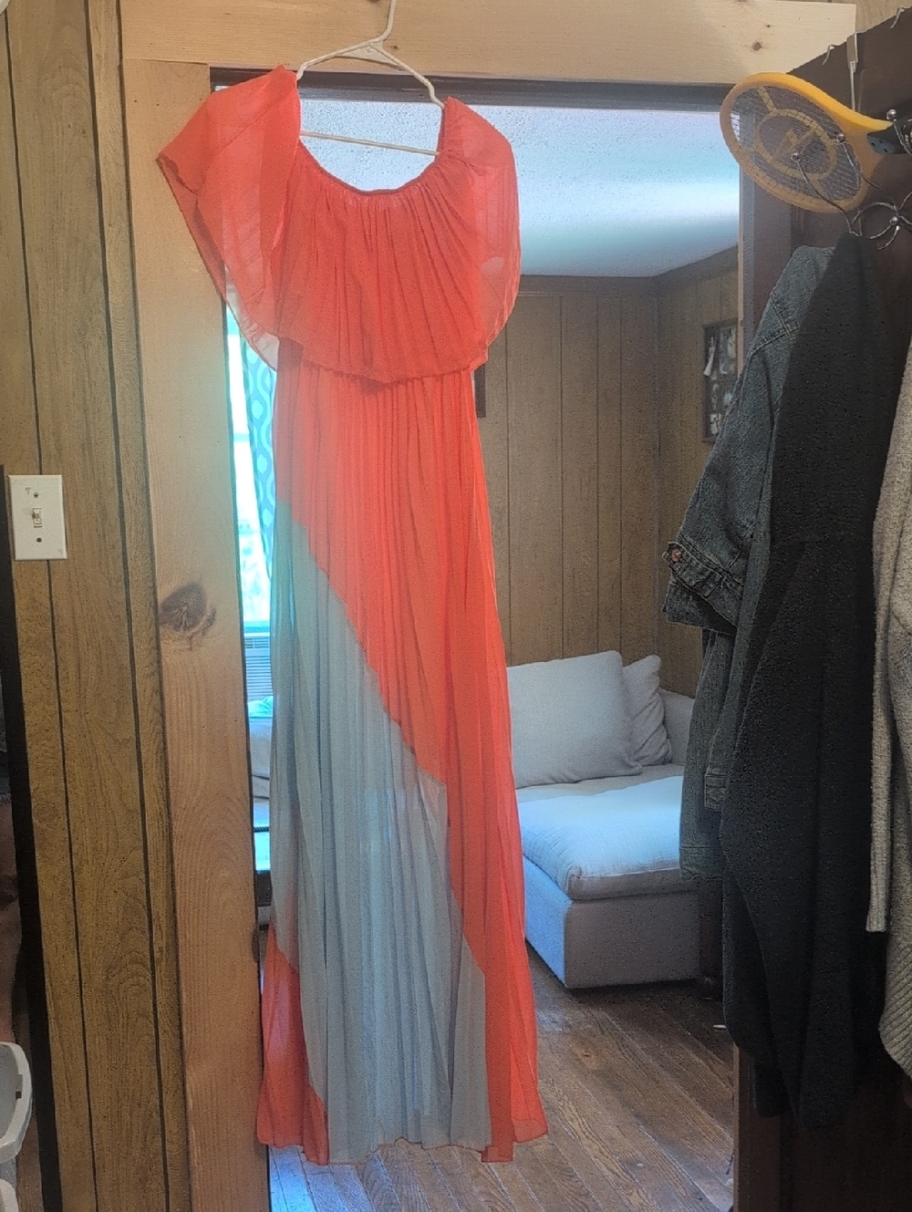 Coral and Light Gray Colorblock Pleated Maxi Dress